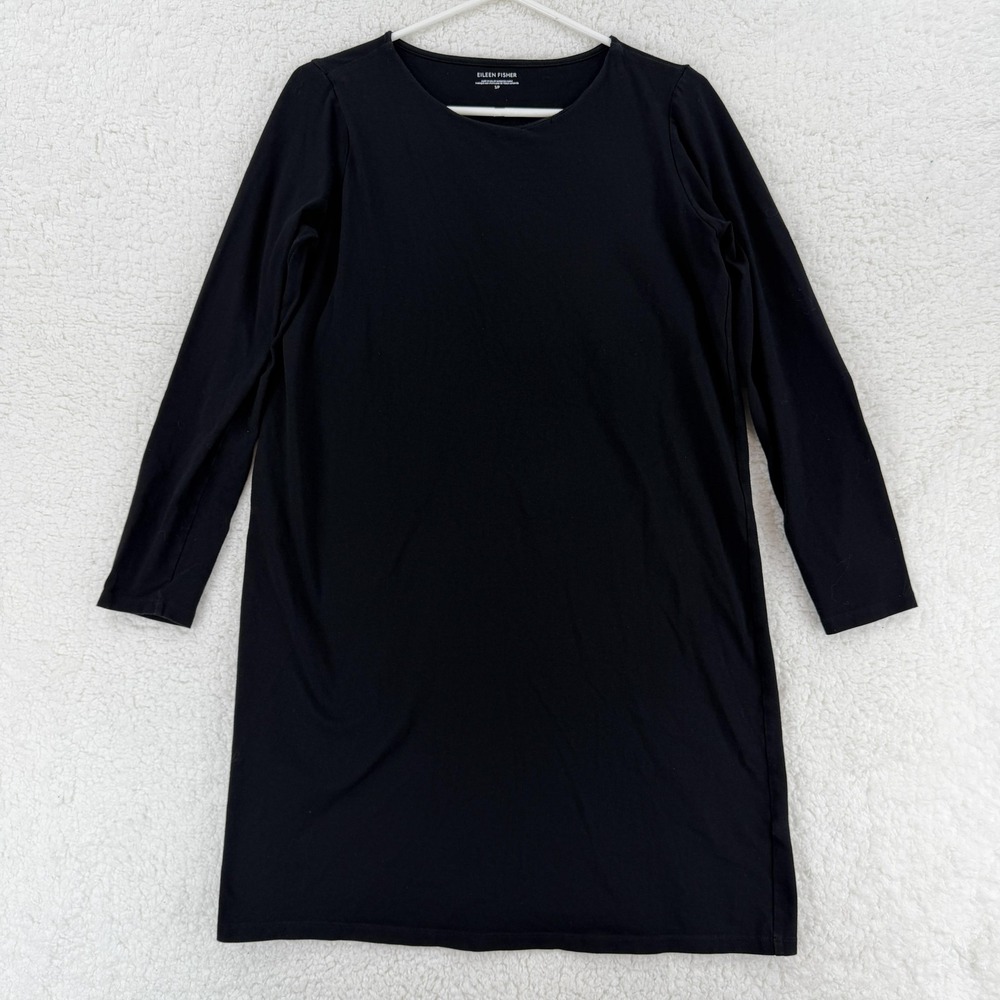 Eileen Fisher Dress Womens Small Black Organic Cotton Stretch Knit Long Sleeve